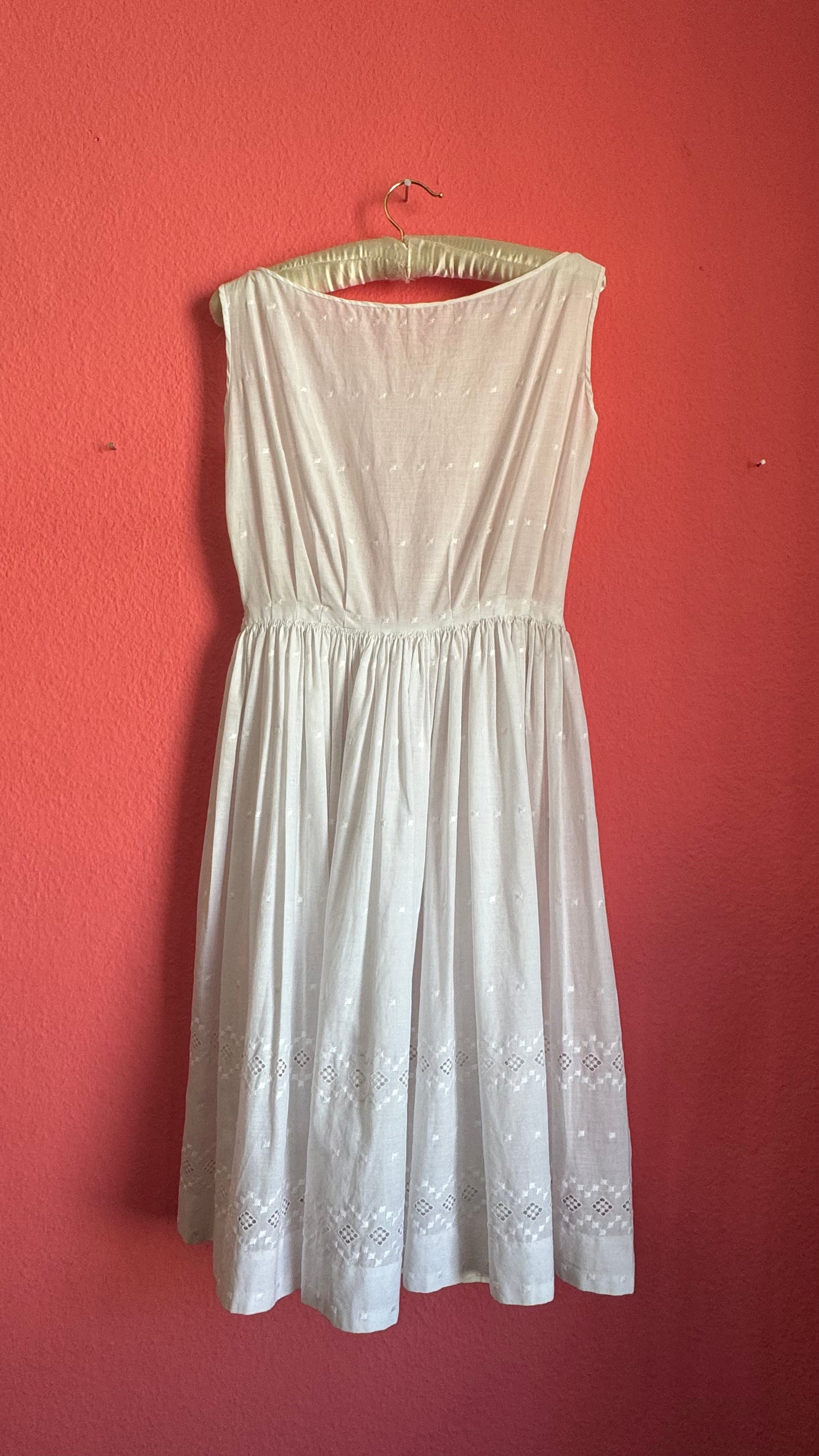 Vintage 1950s White Cotton Eyelet Day Dress