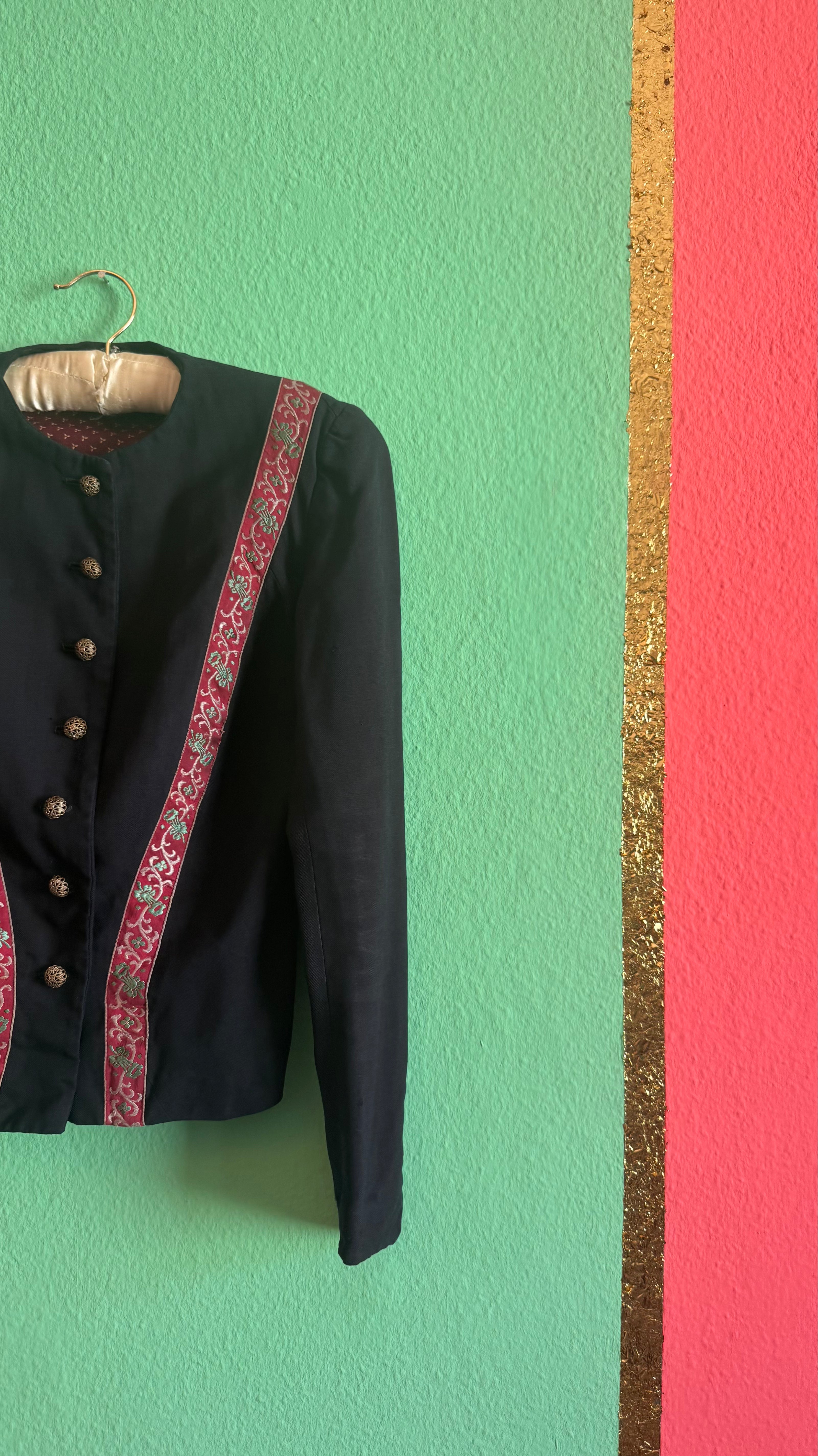 Vintage 1980s Black Tracht Jacket With Woven Red Trim