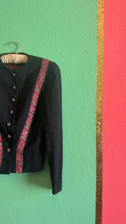 Vintage 1980s Black Tracht Jacket With Woven Red Trim
