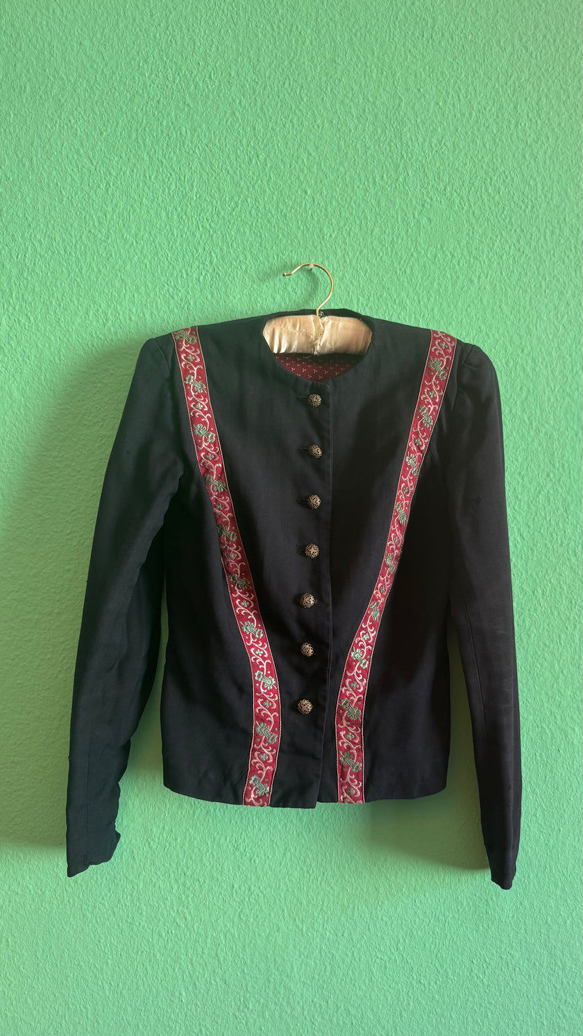 Vintage 1980s Black Tracht Jacket With Woven Red Trim
