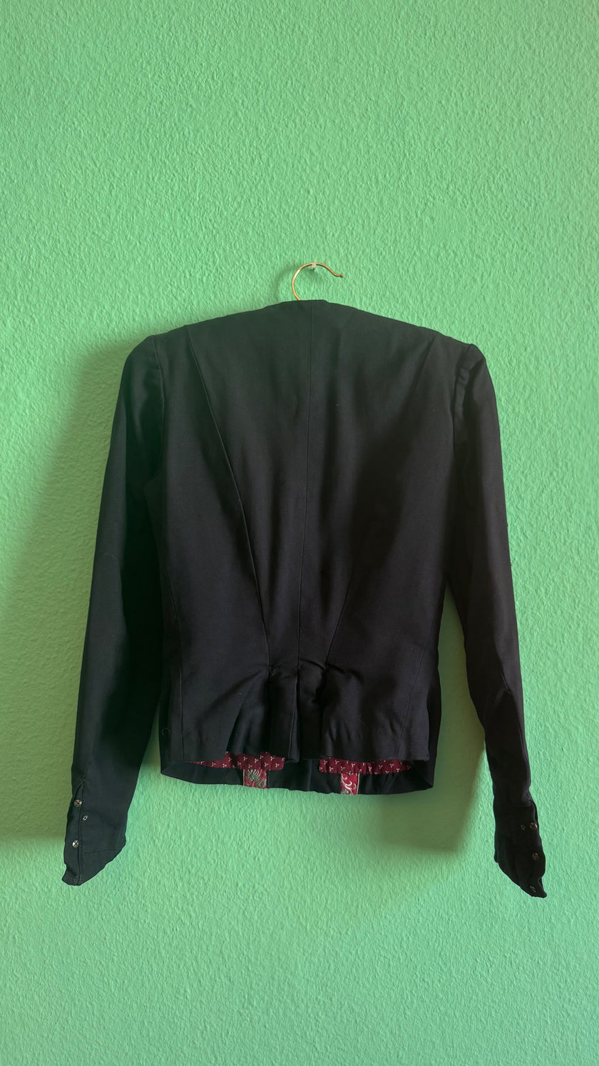 Vintage 1980s Black Tracht Jacket With Woven Red Trim