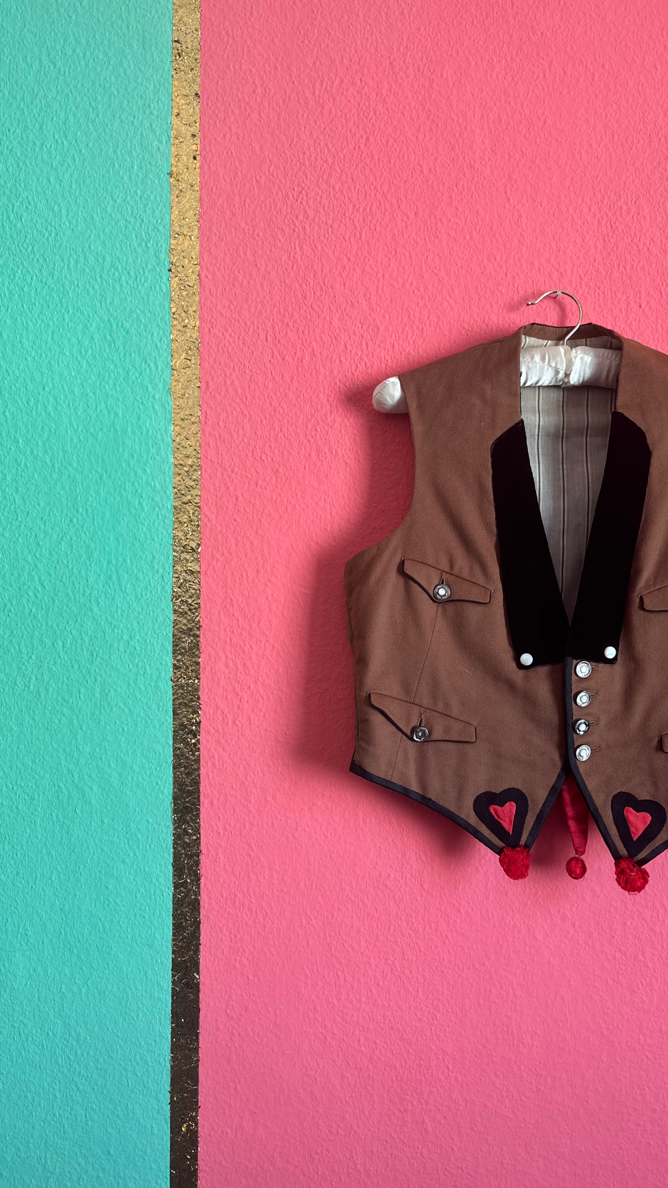 Vintage Mid-Century Brown Folk Vest With Velvet Lapels and Heart Appliqué