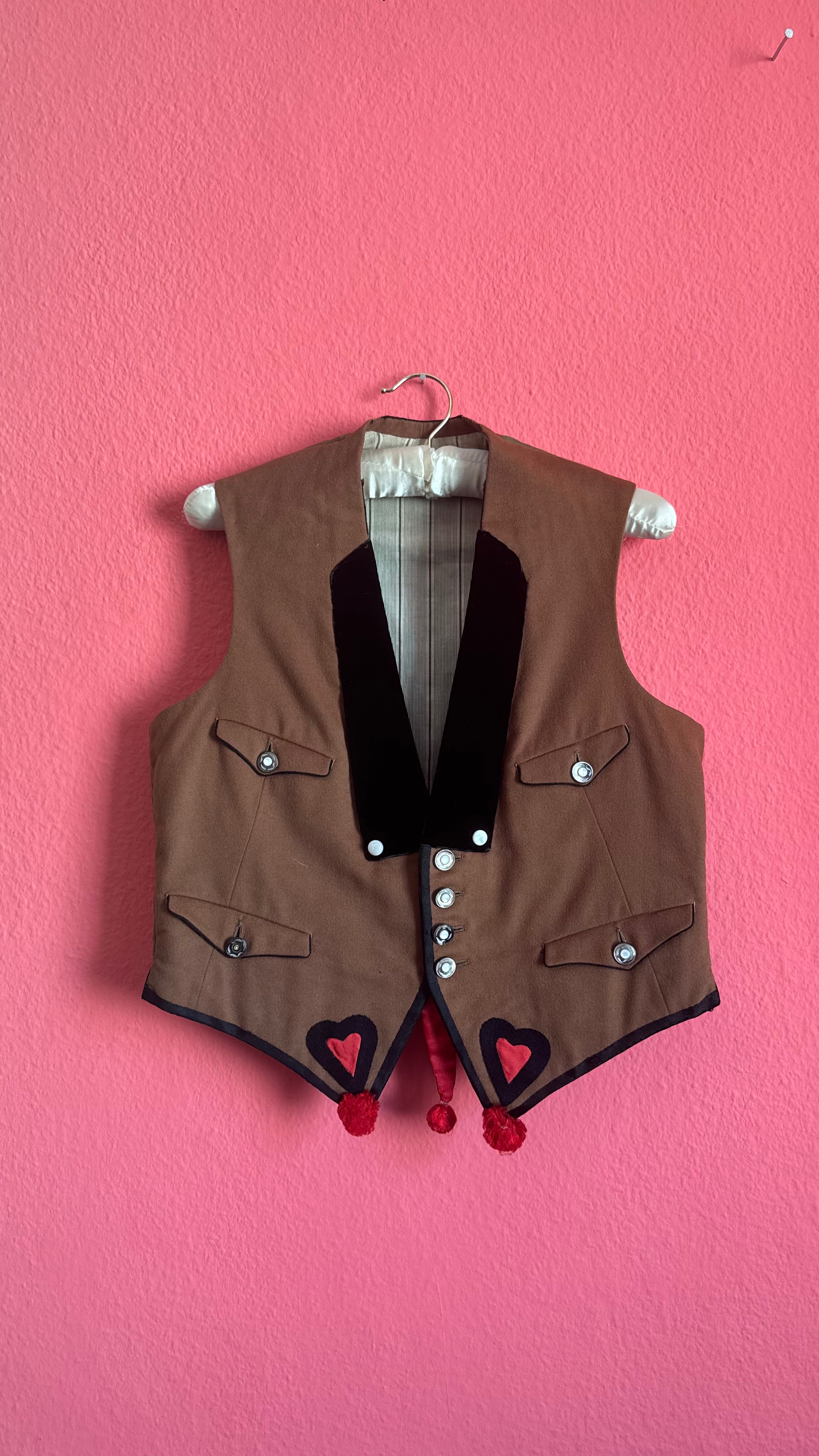 Vintage Mid-Century Brown Folk Vest With Velvet Lapels and Heart Appliqué