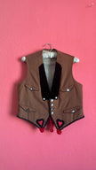Vintage Mid-Century Brown Folk Vest With Velvet Lapels and Heart Appliqué
