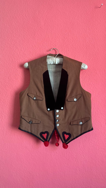 Vintage Mid-Century Brown Folk Vest With Velvet Lapels and Heart Appliqué