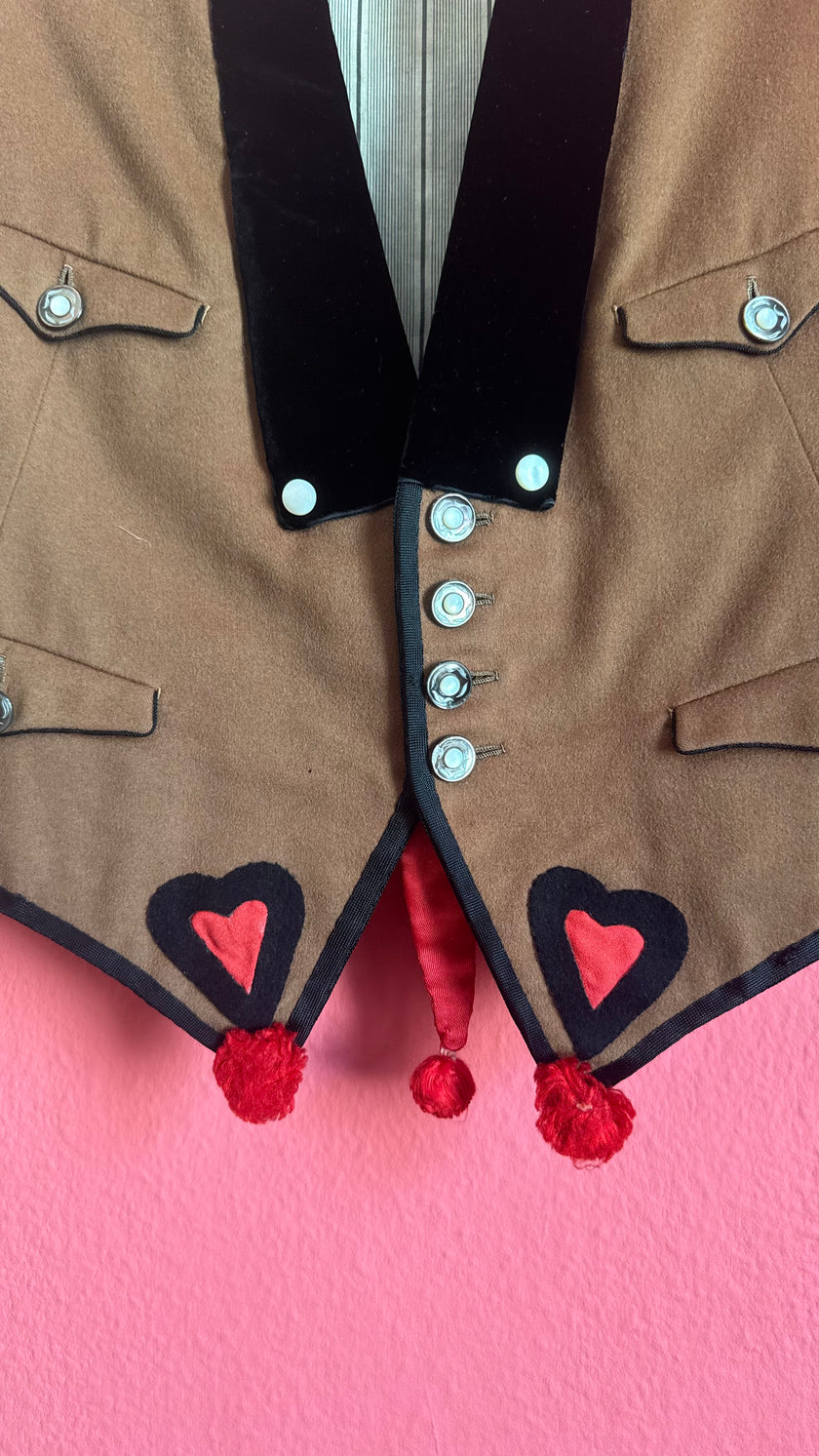 Vintage Mid-Century Brown Folk Vest With Velvet Lapels and Heart Appliqué