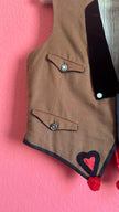 Vintage Mid-Century Brown Folk Vest With Velvet Lapels and Heart Appliqué