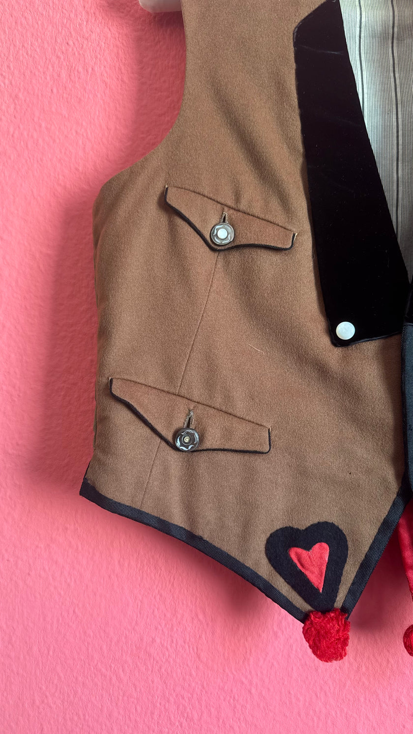 Vintage Mid-Century Brown Folk Vest With Velvet Lapels and Heart Appliqué