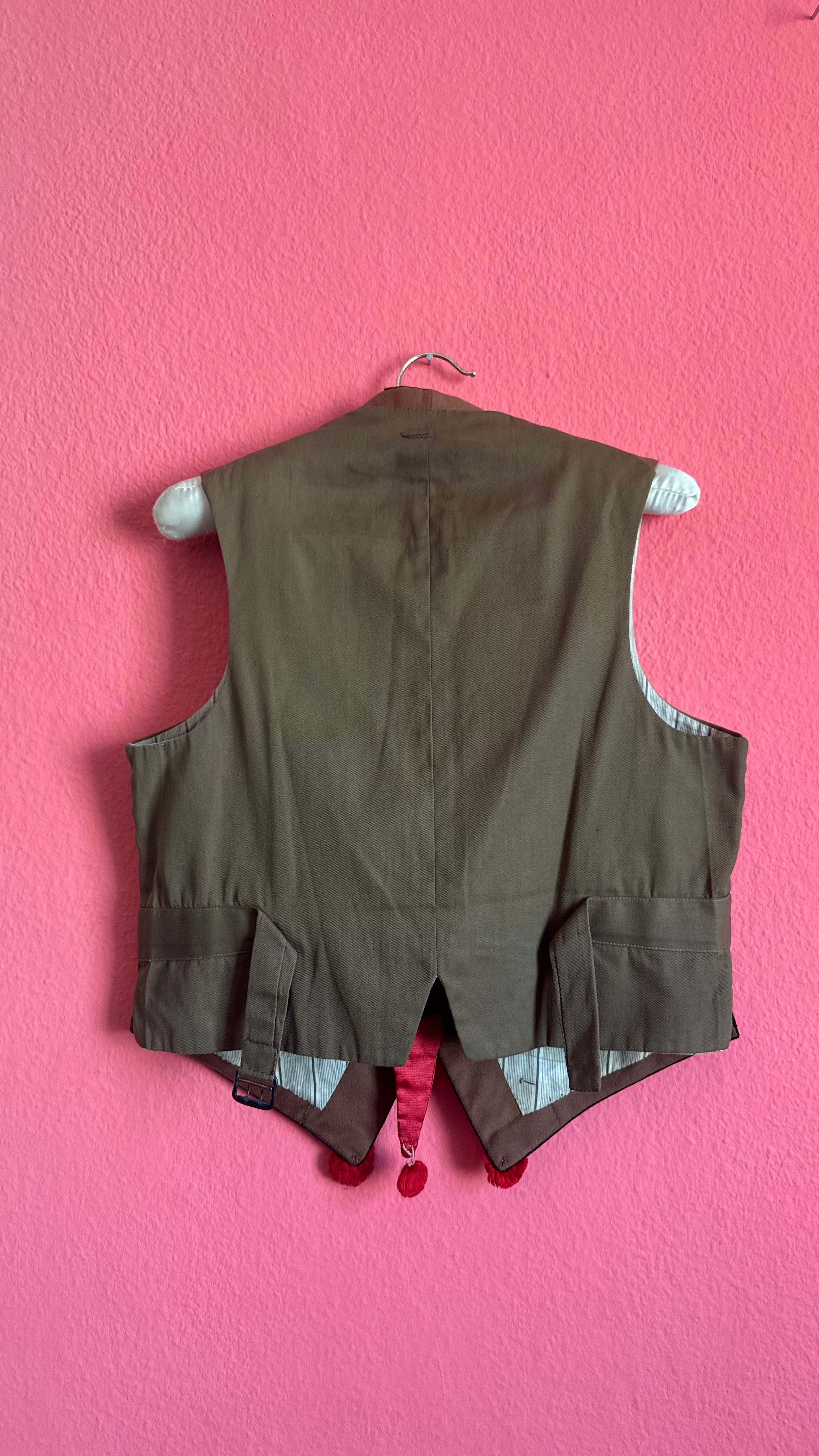 Vintage Mid-Century Brown Folk Vest With Velvet Lapels and Heart Appliqué