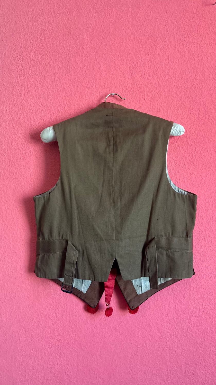 Vintage Mid-Century Brown Folk Vest With Velvet Lapels and Heart Appliqué