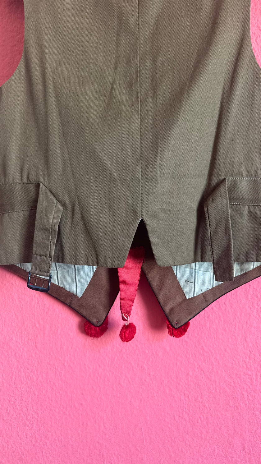 Vintage Mid-Century Brown Folk Vest With Velvet Lapels and Heart Appliqué