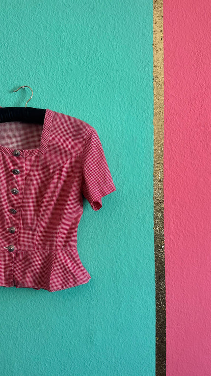 Vintage 1980s Red Checked Peplum Tracht Blouse