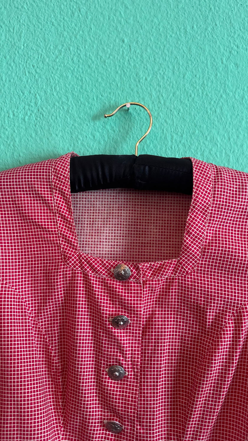 Vintage 1980s Red Checked Peplum Tracht Blouse