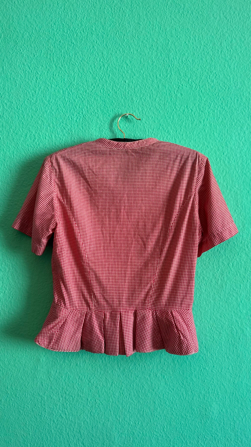 Vintage 1980s Red Checked Peplum Tracht Blouse