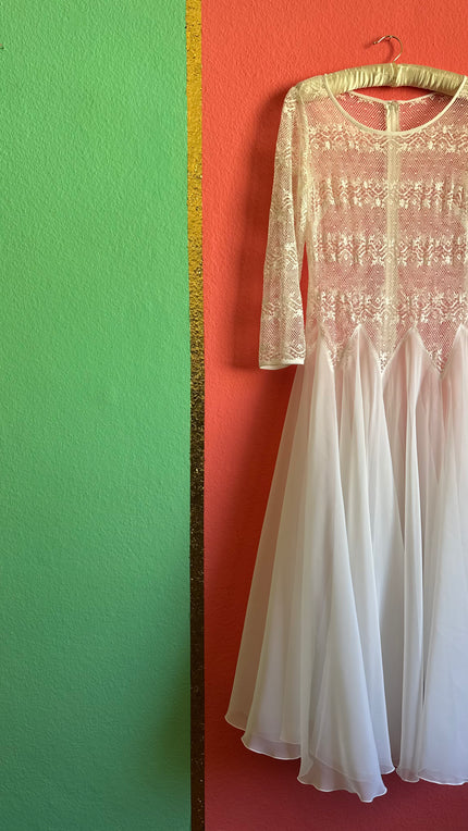 Vintage 1980s Ivory Lace Chiffon Bridal Maxi Dress