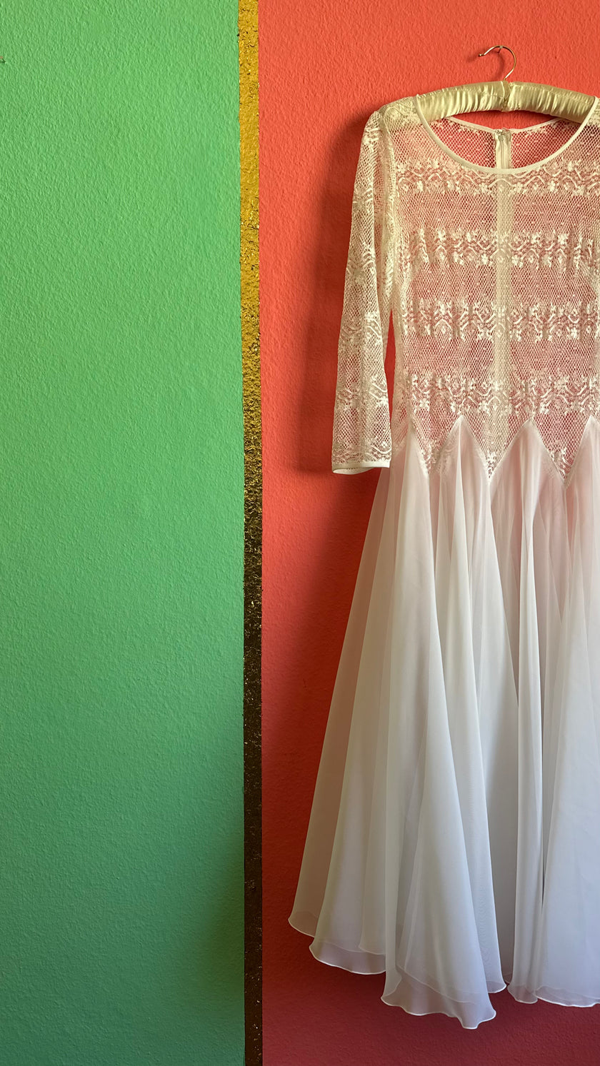 Vintage 1980s Ivory Lace Chiffon Bridal Maxi Dress