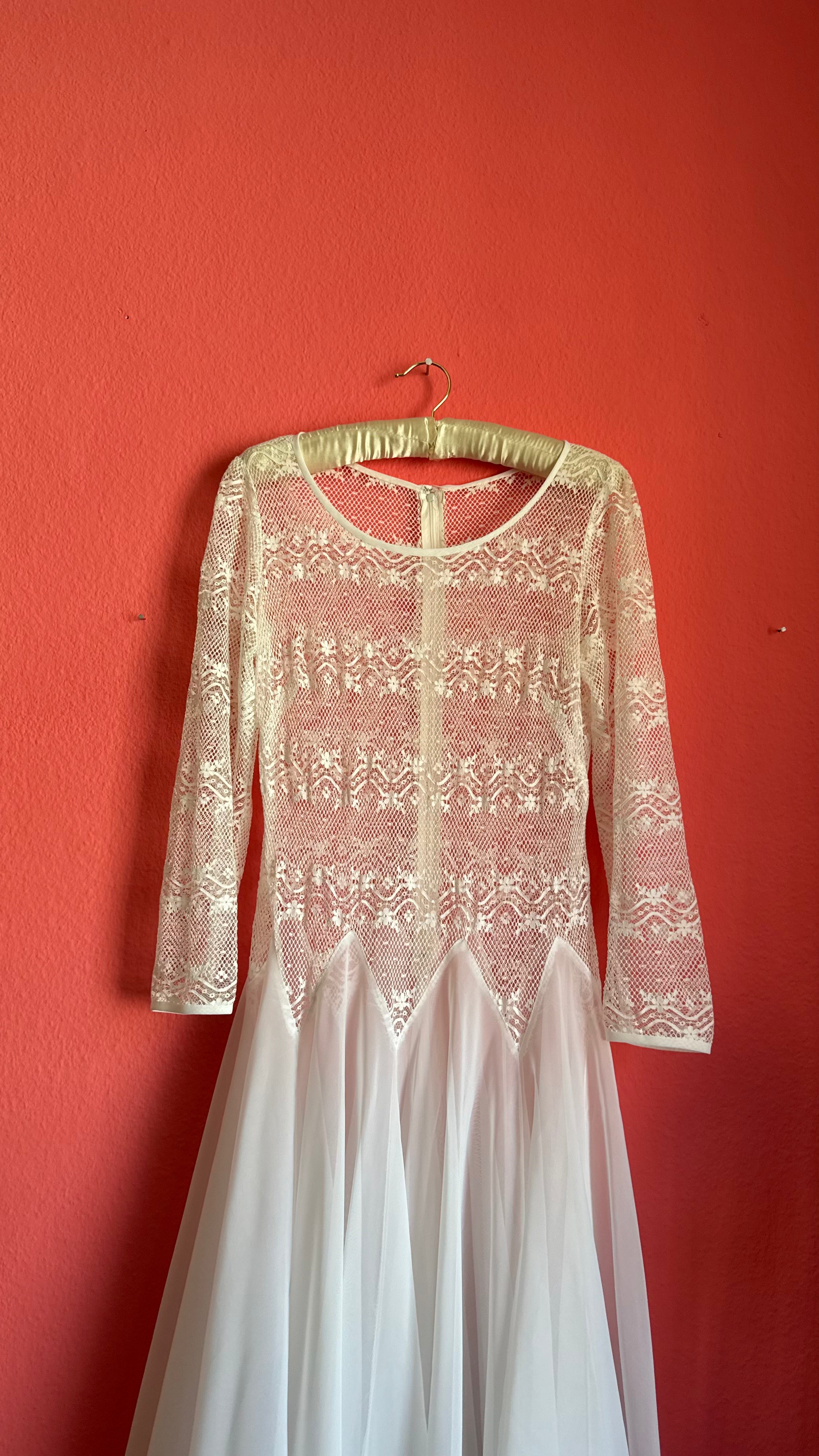 Vintage 1980s Ivory Lace Chiffon Bridal Maxi Dress