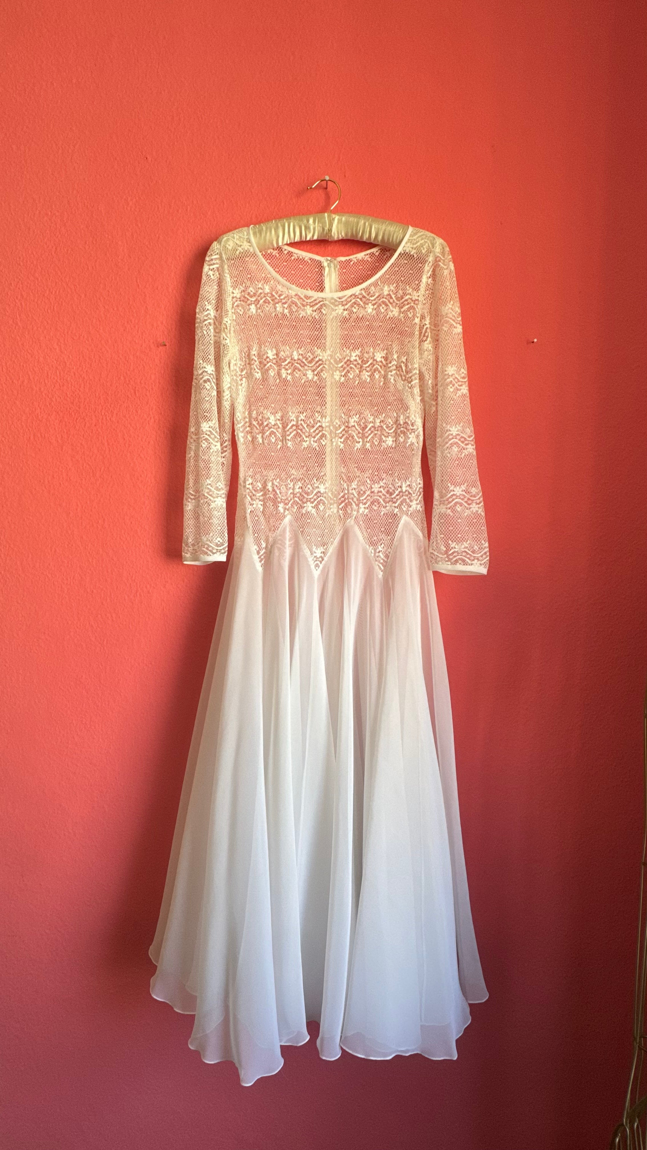 Vintage 1980s Ivory Lace Chiffon Bridal Maxi Dress
