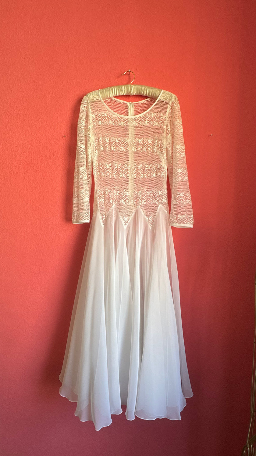 Vintage 1980s Ivory Lace Chiffon Bridal Maxi Dress
