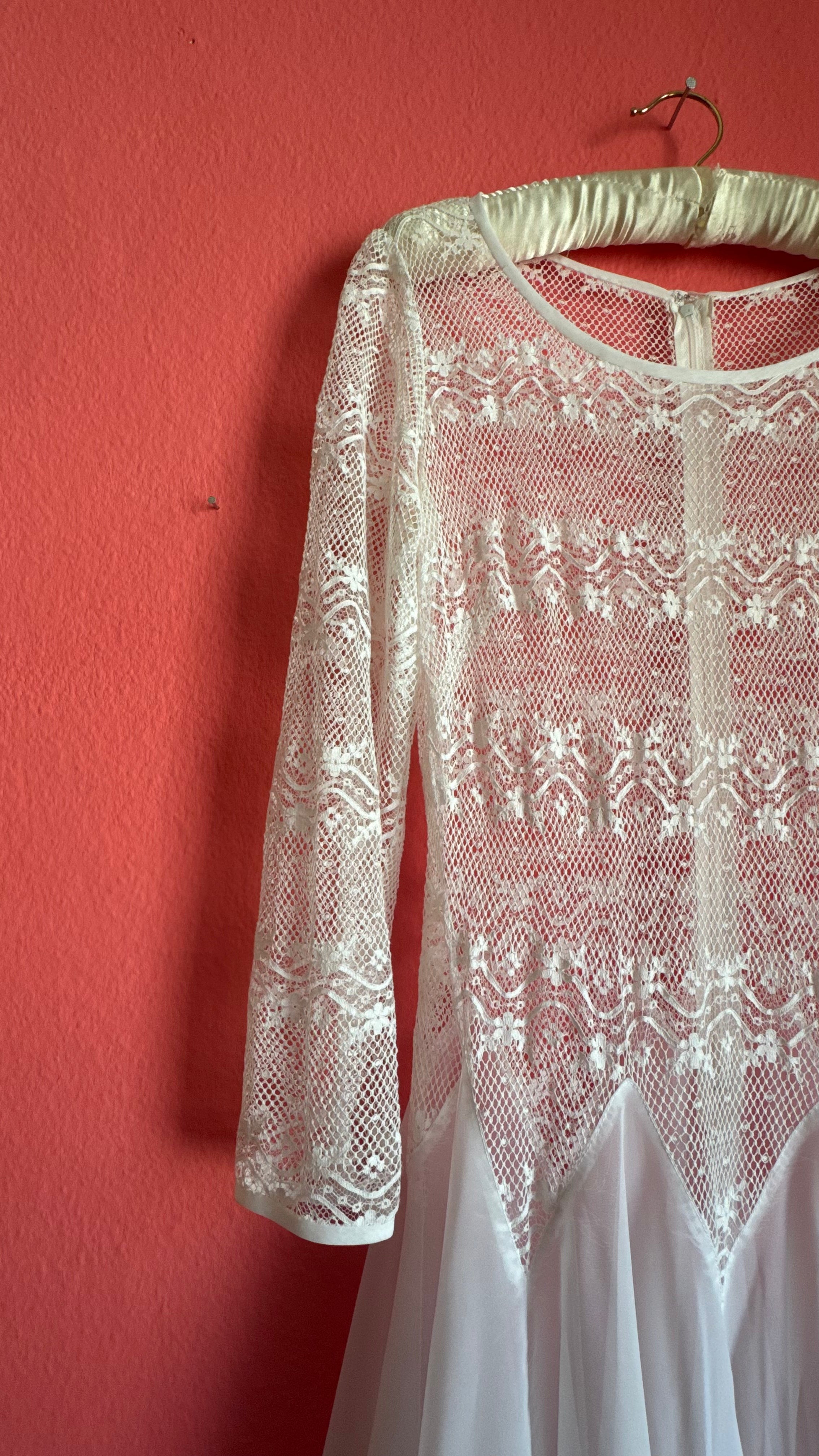 Vintage 1980s Ivory Lace Chiffon Bridal Maxi Dress