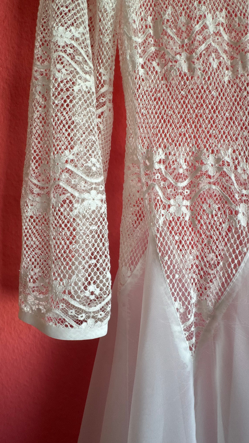 Vintage 1980s Ivory Lace Chiffon Bridal Maxi Dress