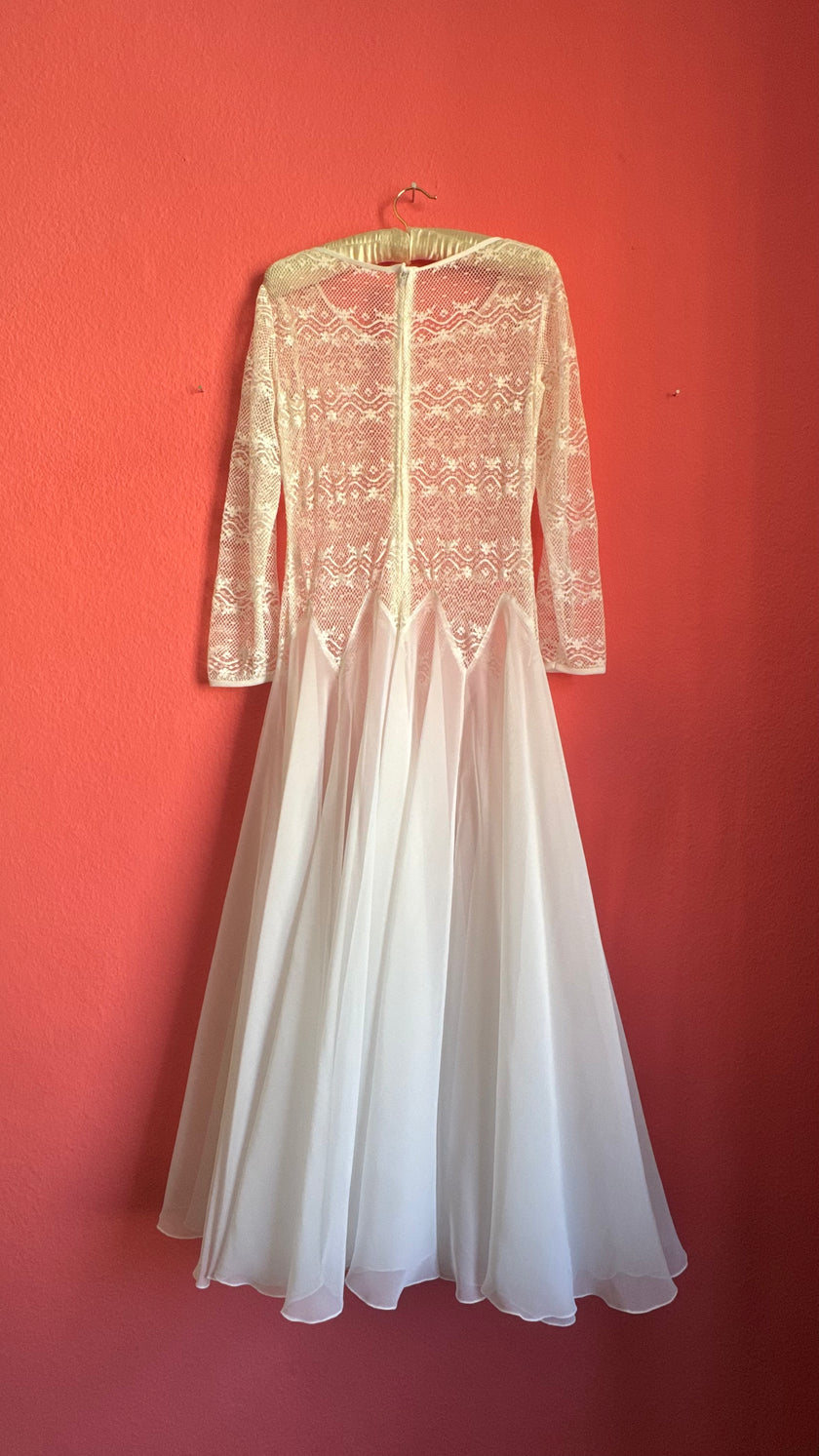 Vintage 1980s Ivory Lace Chiffon Bridal Maxi Dress