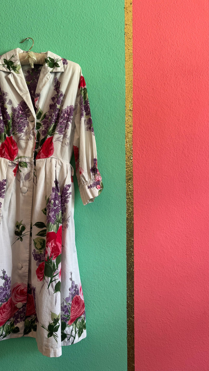 Vintage 1980s Ivory Floral Cotton-Blend Shirt Dress With Belt