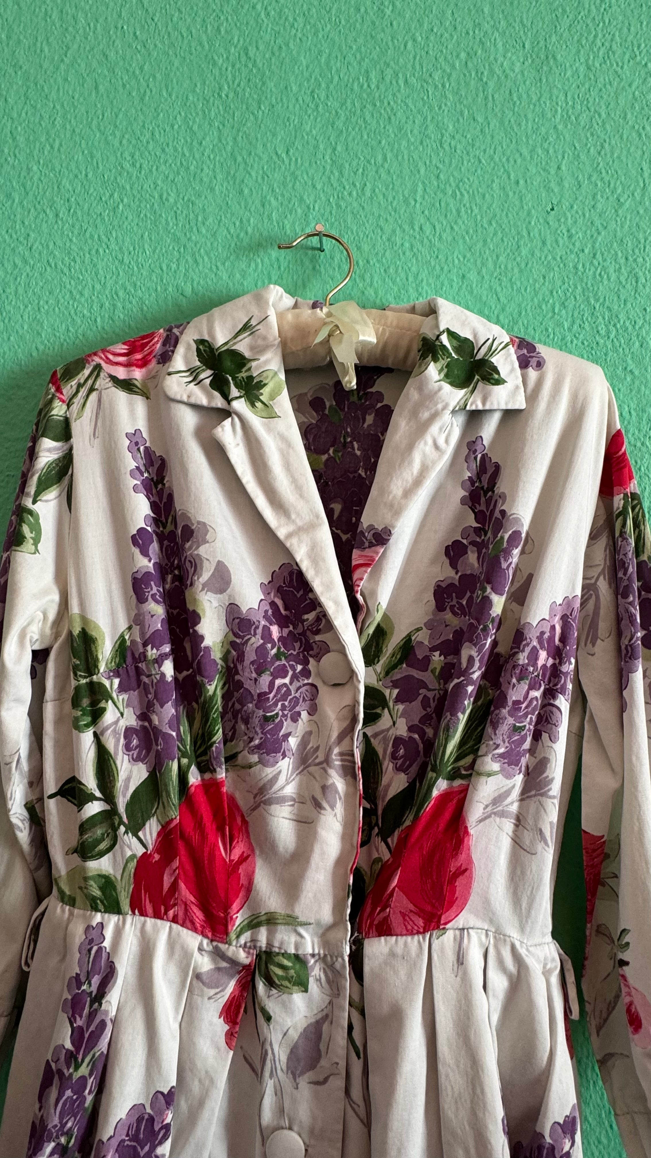 Vintage 1980s Ivory Floral Cotton-Blend Shirt Dress With Belt