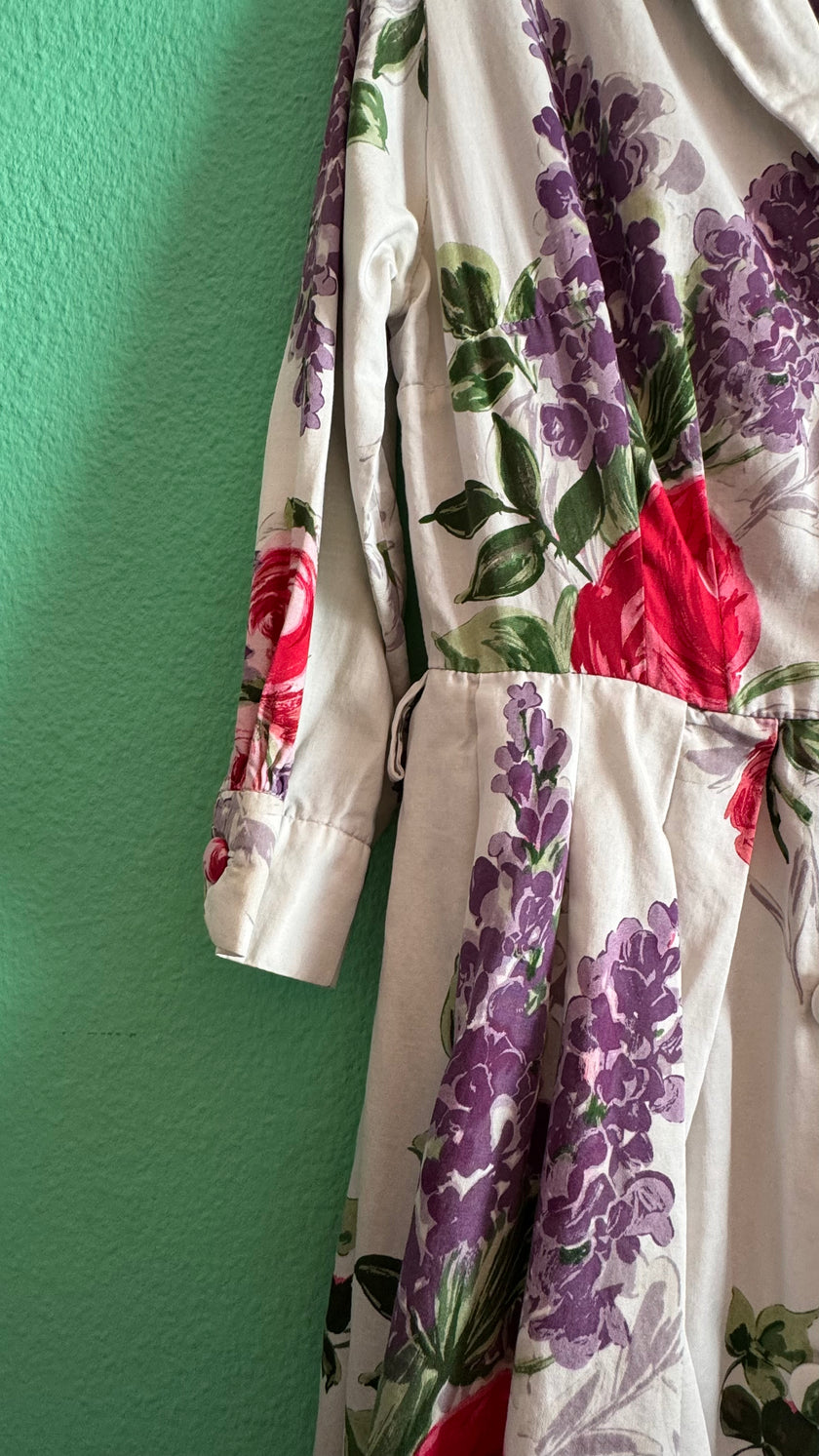 Vintage 1980s Ivory Floral Cotton-Blend Shirt Dress With Belt