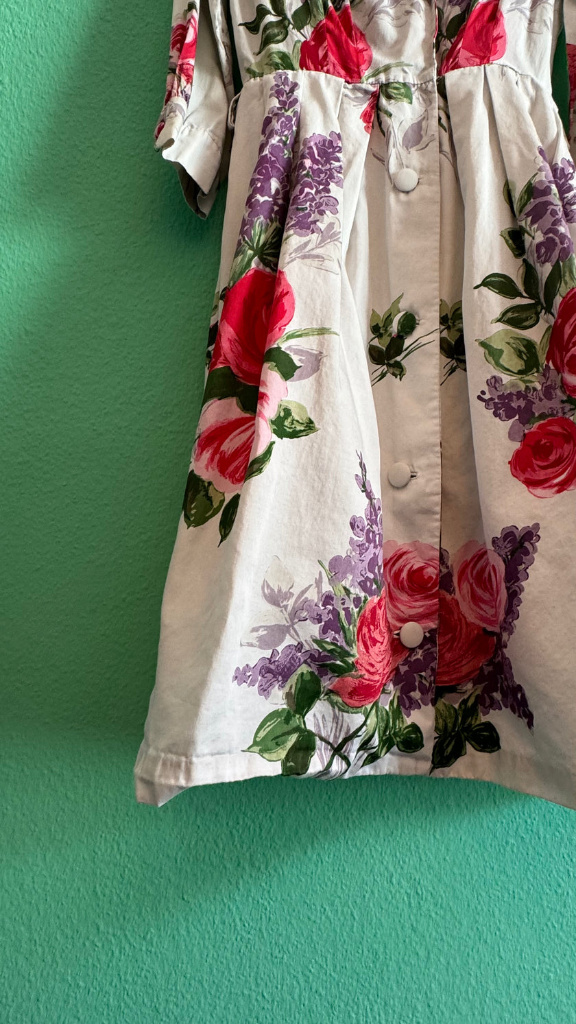 Vintage 1980s Ivory Floral Cotton-Blend Shirt Dress With Belt