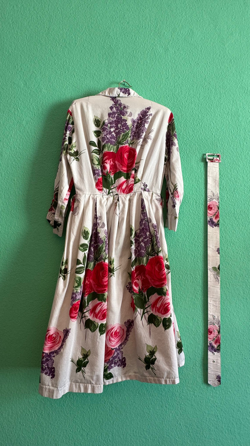 Vintage 1980s Ivory Floral Cotton-Blend Shirt Dress With Belt