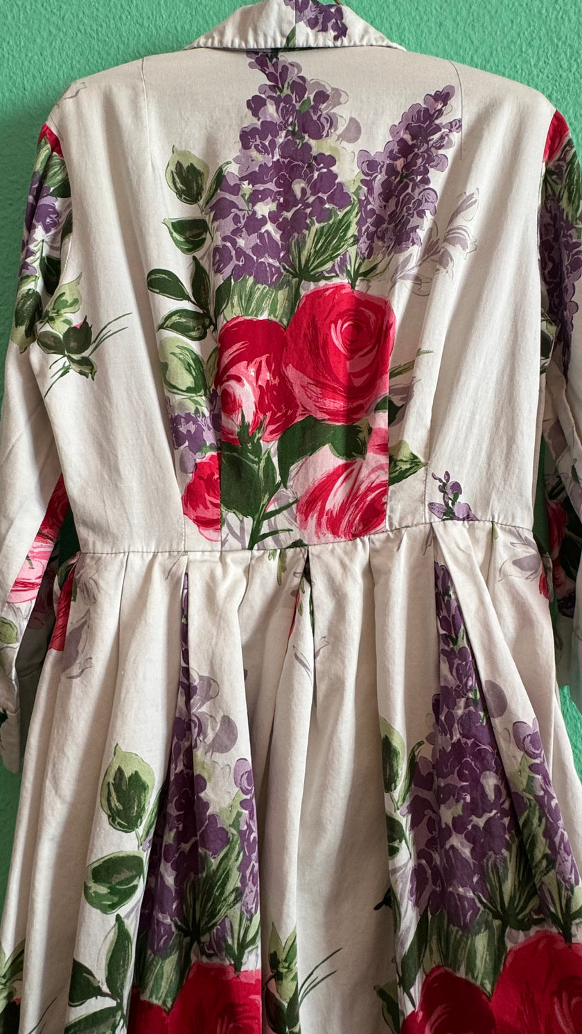 Vintage 1980s Ivory Floral Cotton-Blend Shirt Dress With Belt