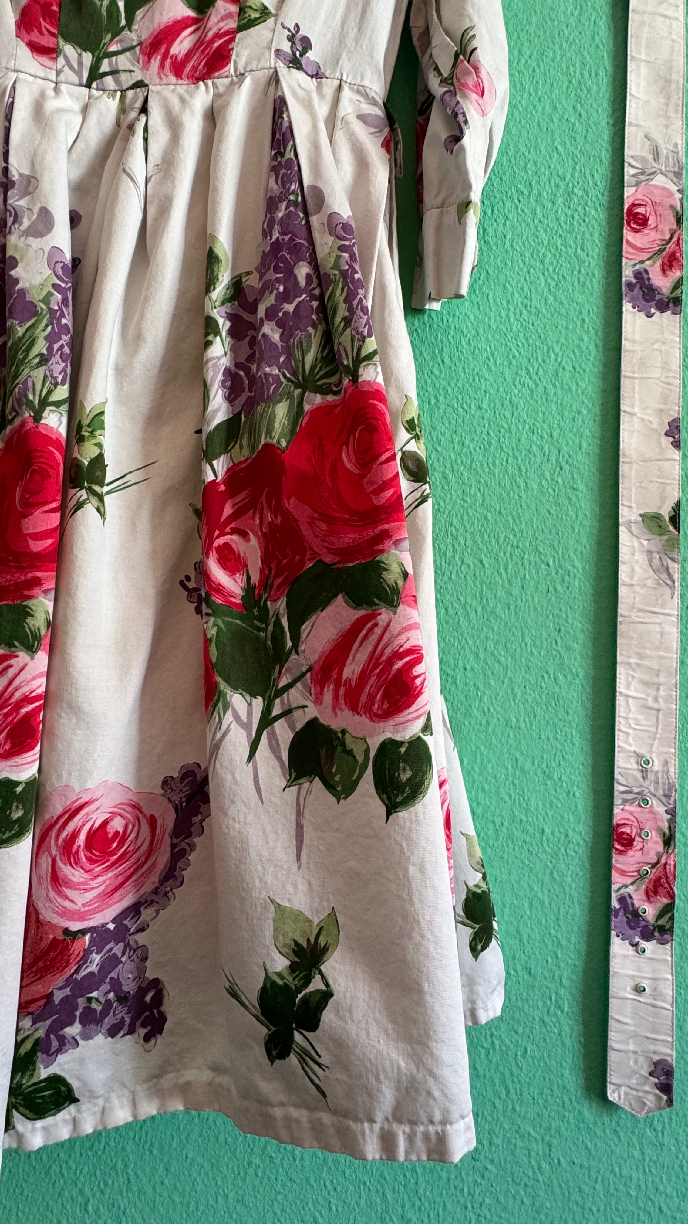 Vintage 1980s Ivory Floral Cotton-Blend Shirt Dress With Belt
