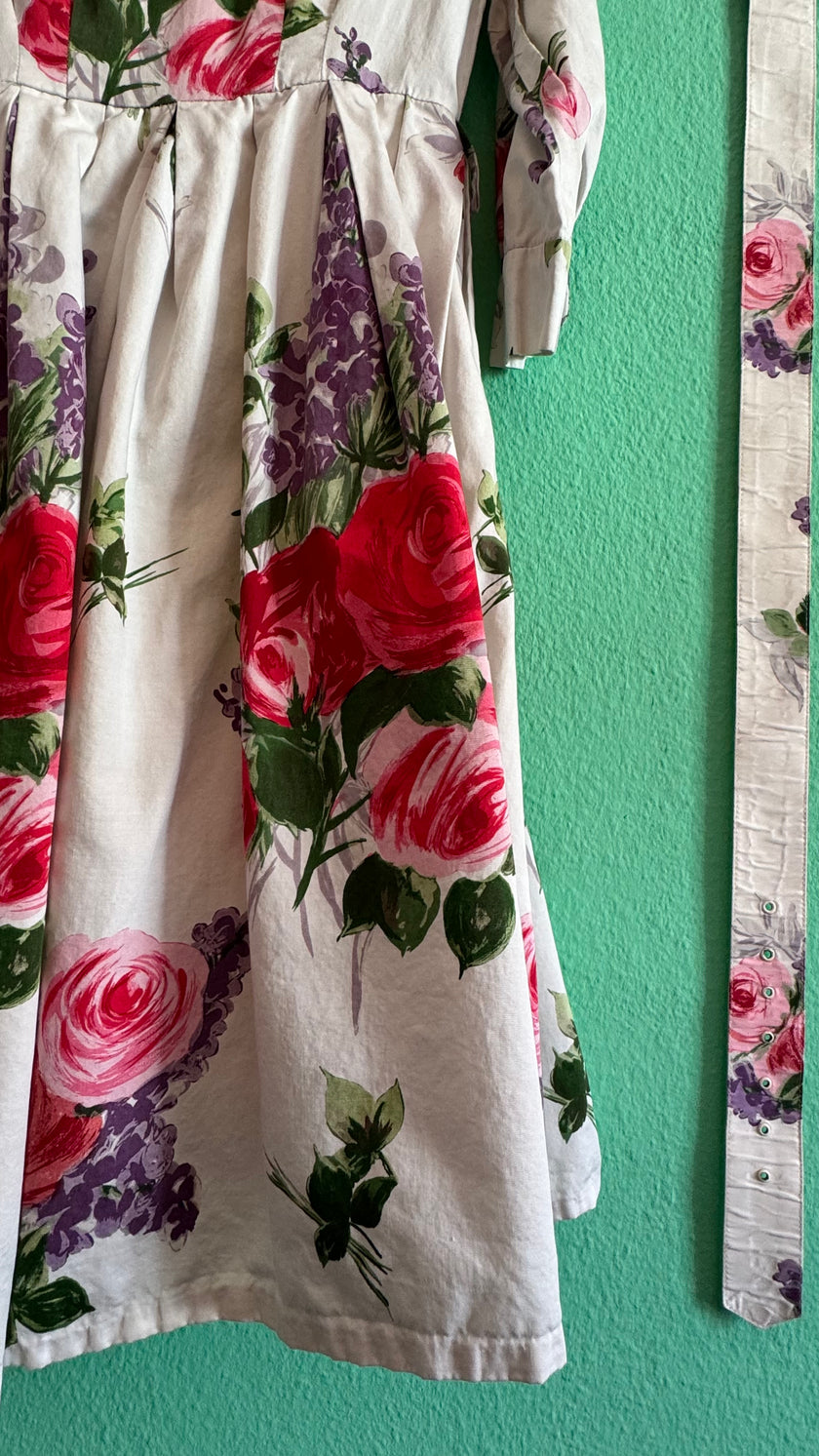 Vintage 1980s Ivory Floral Cotton-Blend Shirt Dress With Belt