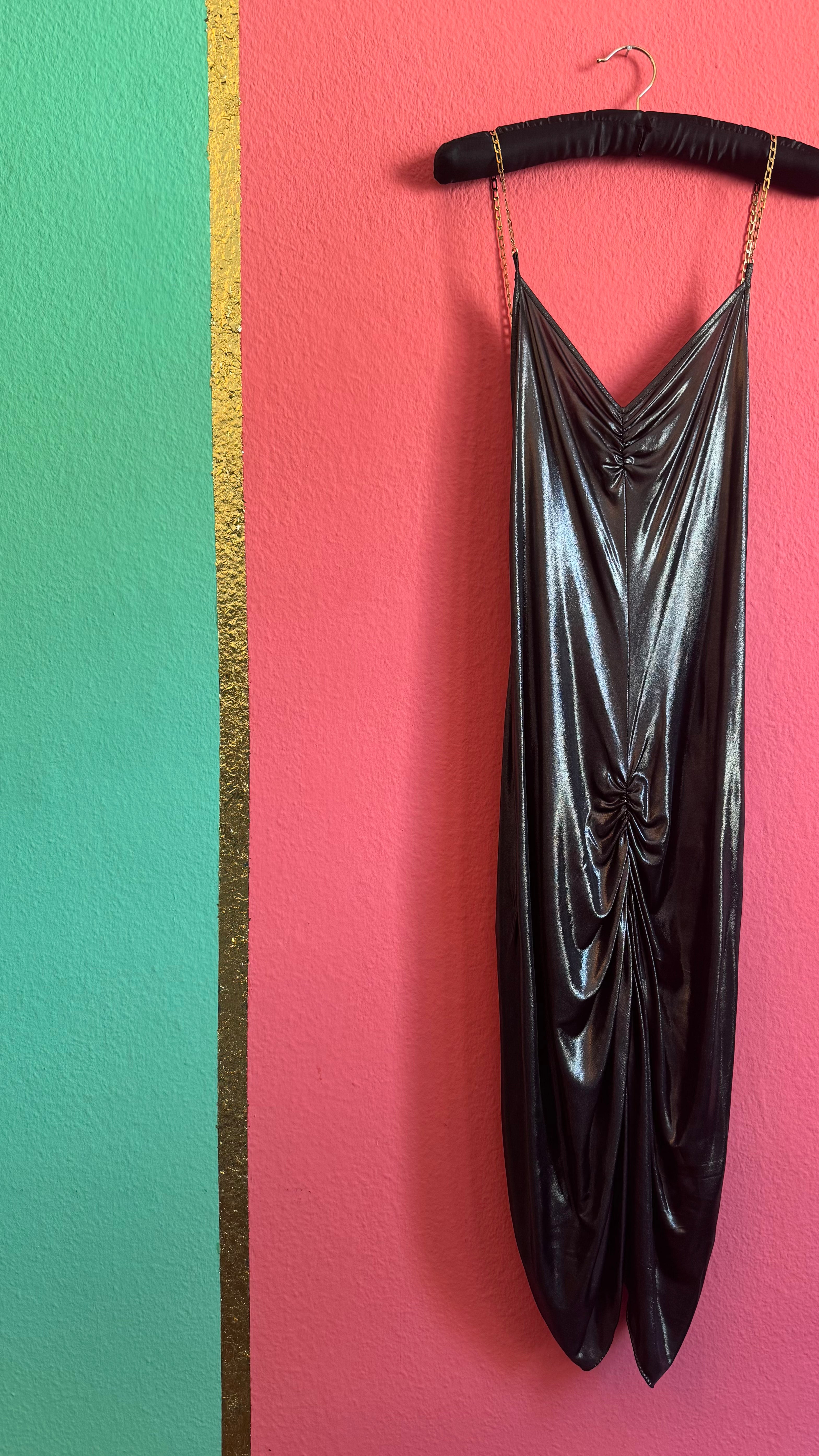 Vintage 2000s Patrizia Pepe Metallic Black Ruched Maxi Dress