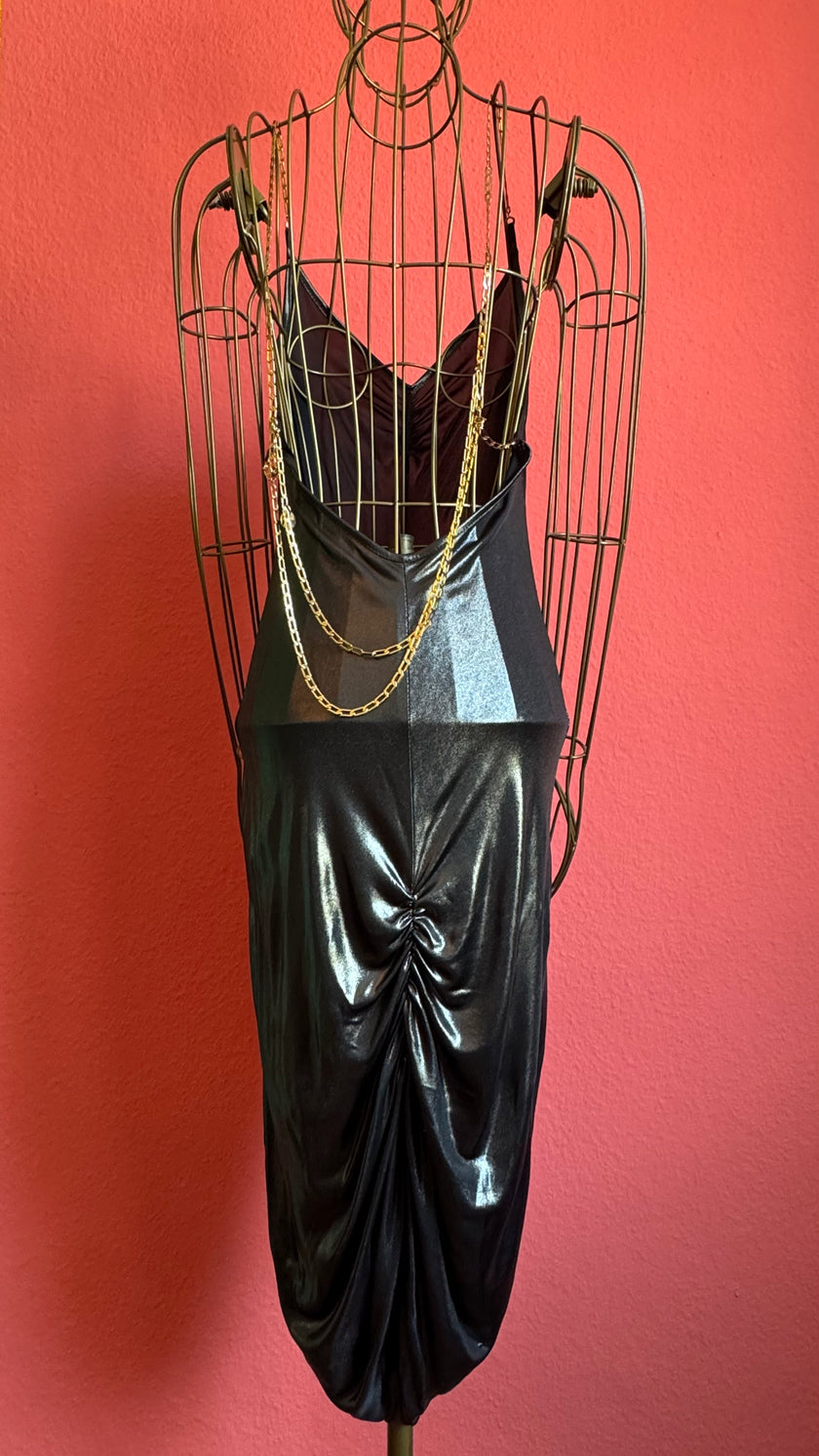 Vintage 2000s Patrizia Pepe Metallic Black Ruched Maxi Dress