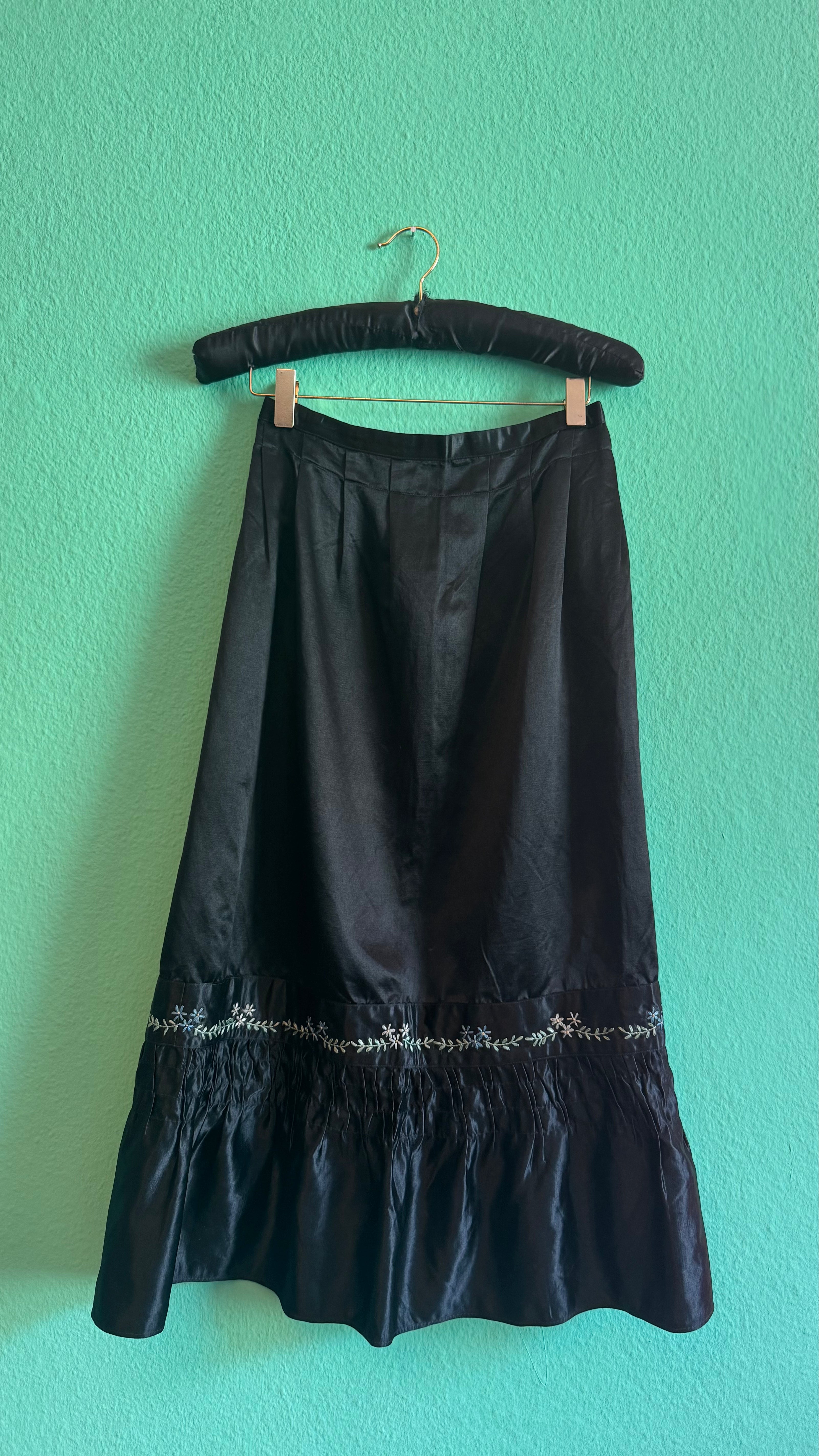 Vintage 1980s Black Satin Tracht Apron With Floral Embroidery
