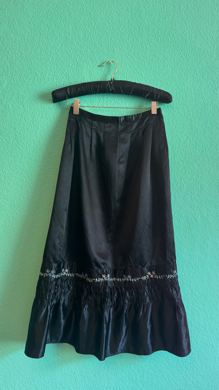 Vintage 1980s Black Satin Tracht Apron With Floral Embroidery