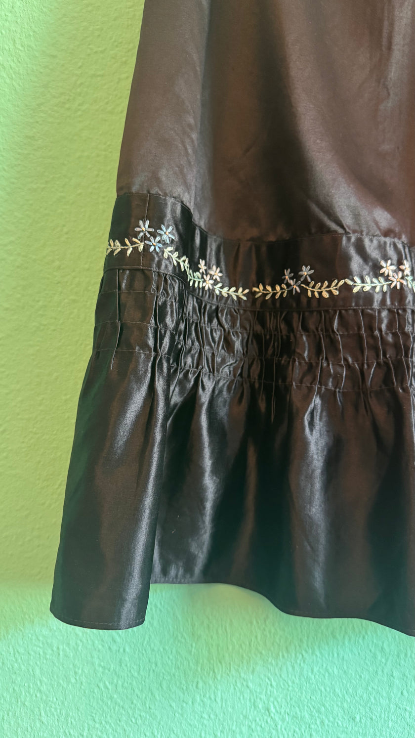 Vintage 1980s Black Satin Tracht Apron With Floral Embroidery