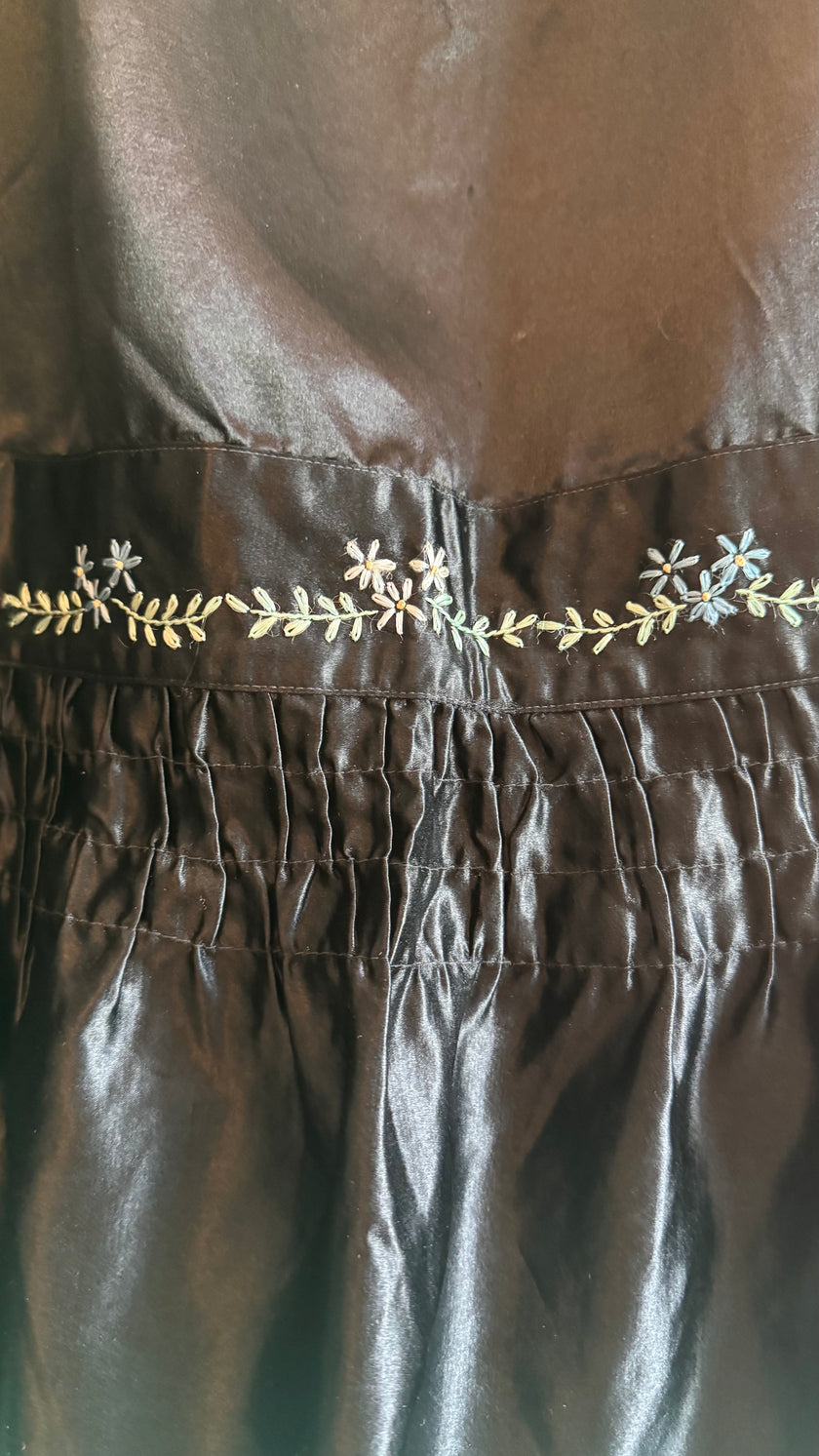 Vintage 1980s Black Satin Tracht Apron With Floral Embroidery