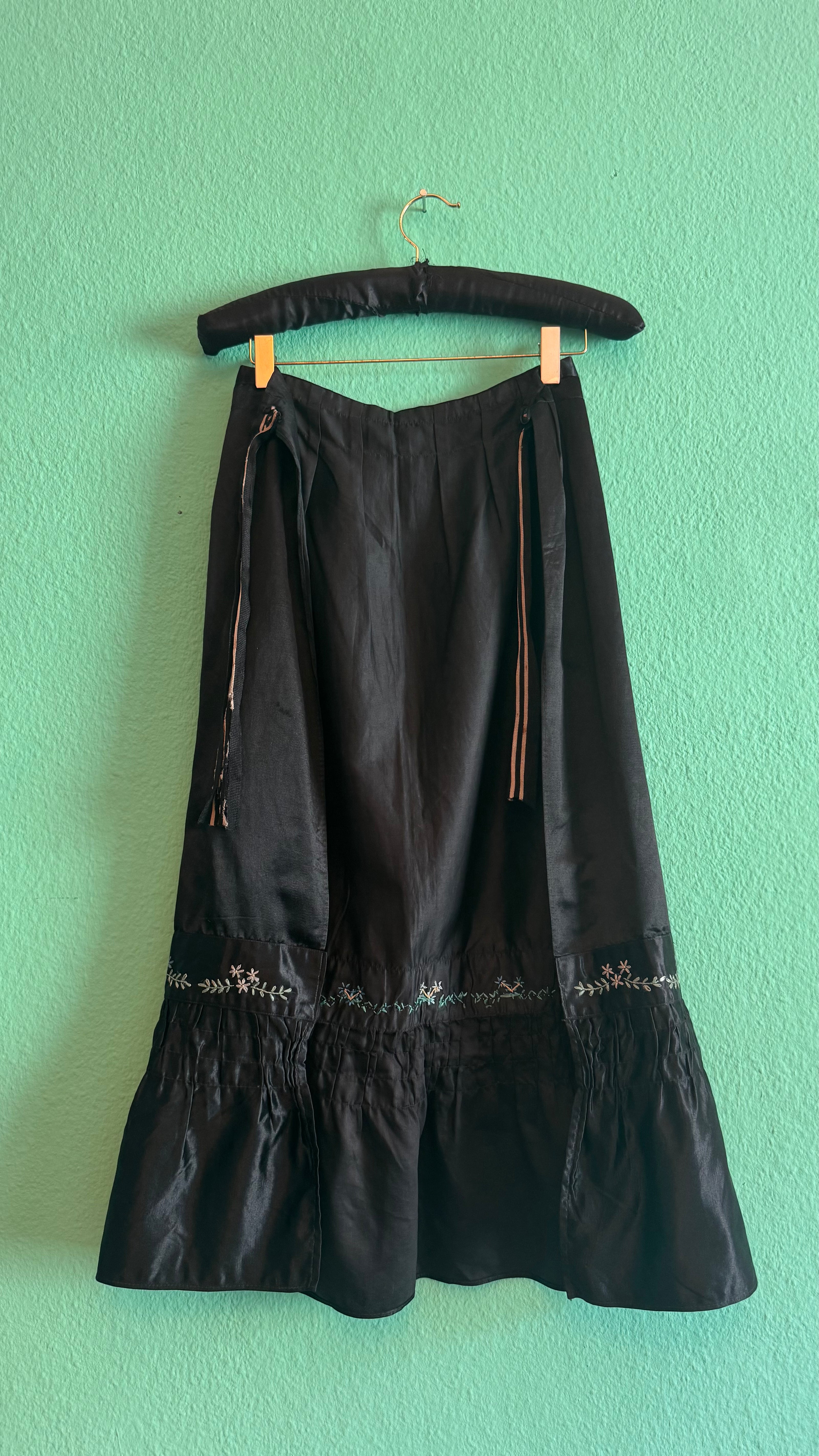 Vintage 1980s Black Satin Tracht Apron With Floral Embroidery