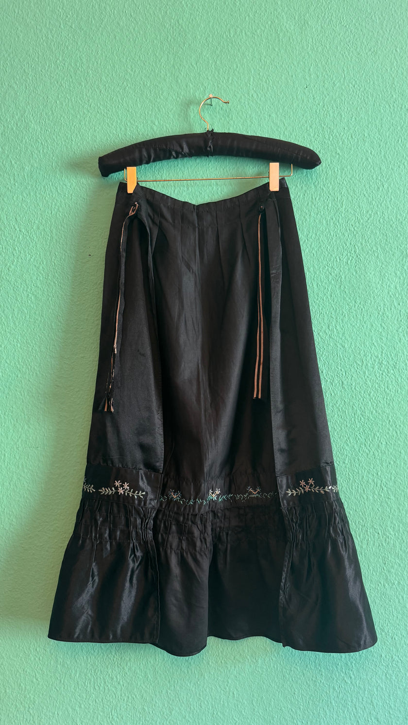 Vintage 1980s Black Satin Tracht Apron With Floral Embroidery