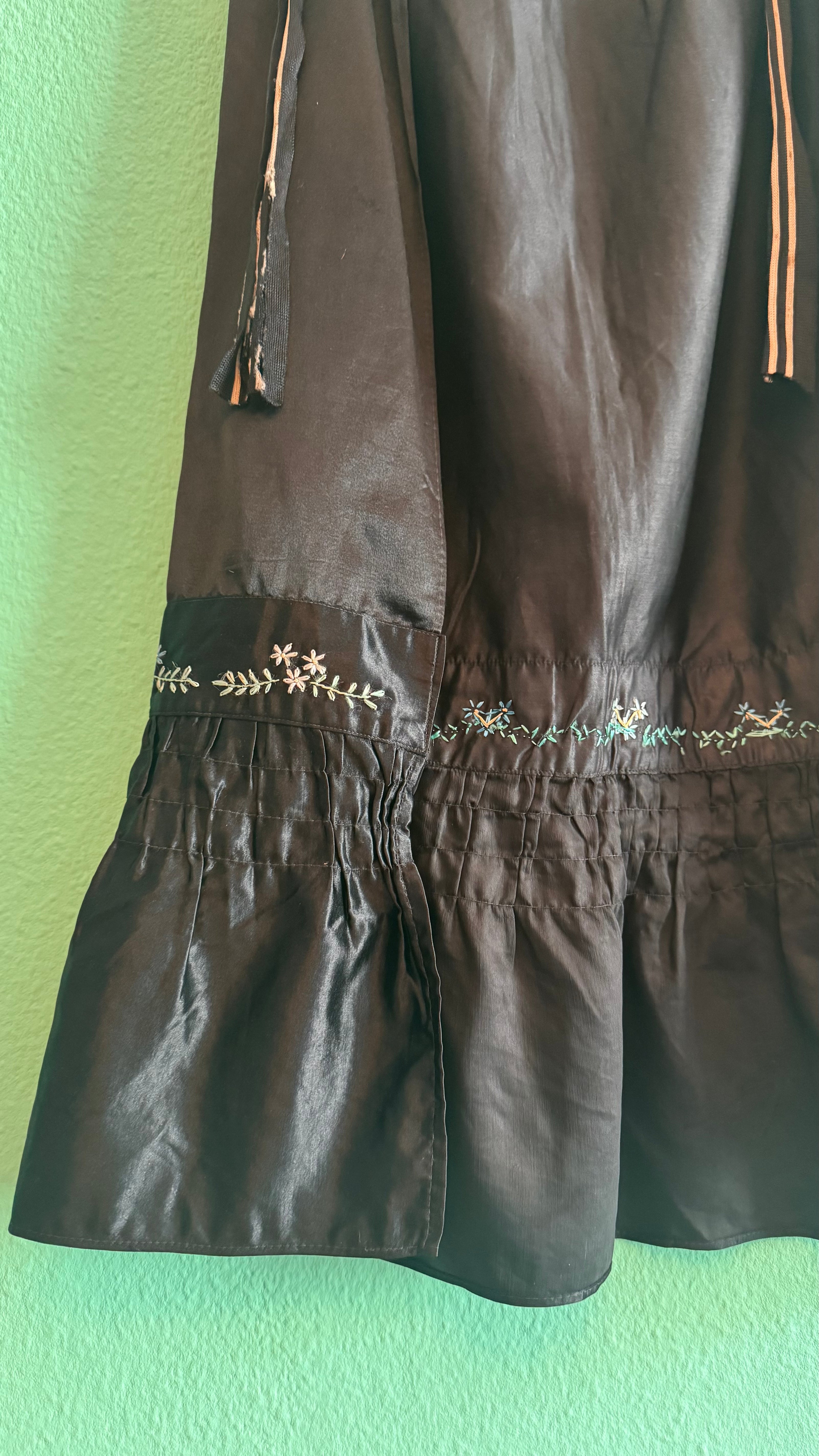 Vintage 1980s Black Satin Tracht Apron With Floral Embroidery