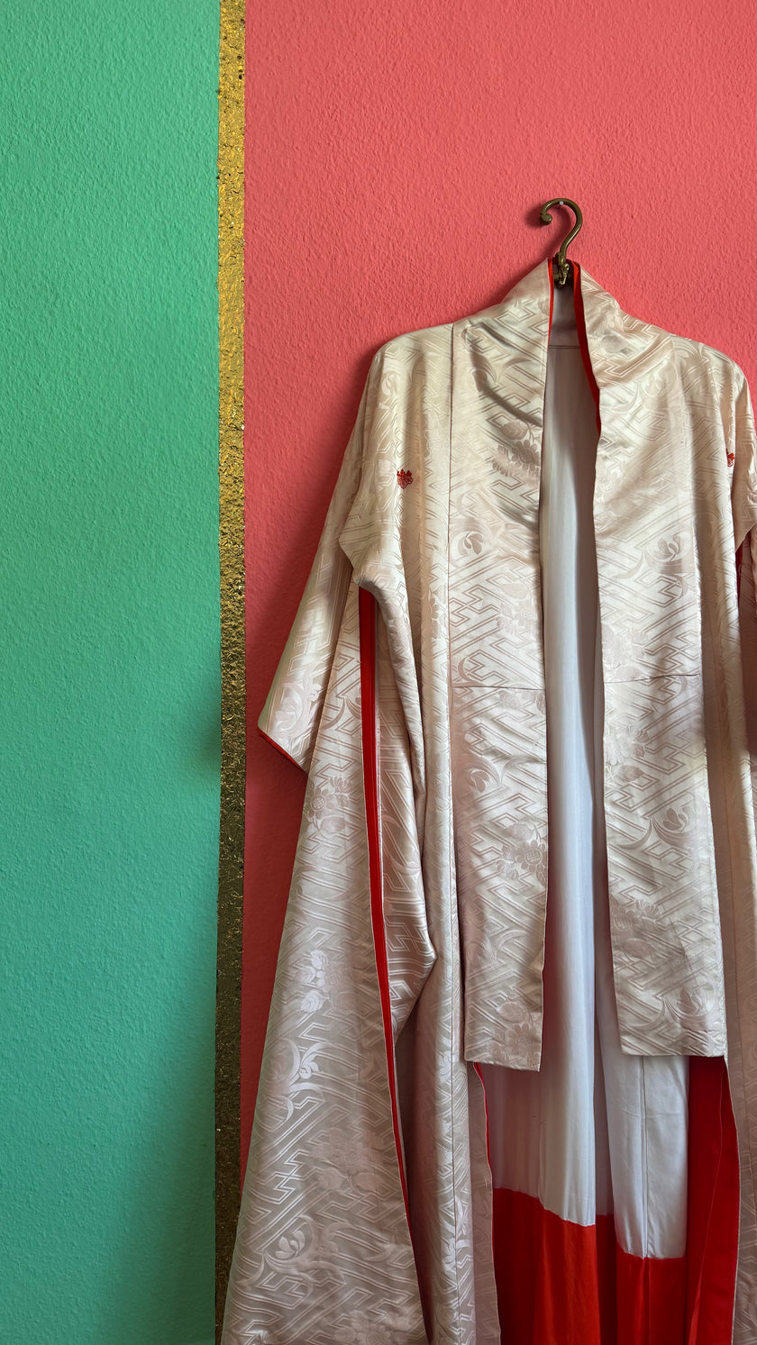 Vintage Mid-Century Ivory Jacquard Ceremonial Kimono With Red Lining