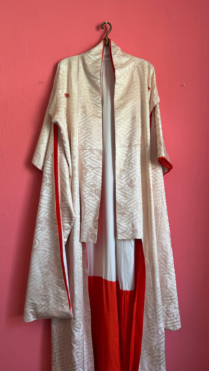Vintage Mid-Century Ivory Jacquard Ceremonial Kimono With Red Lining