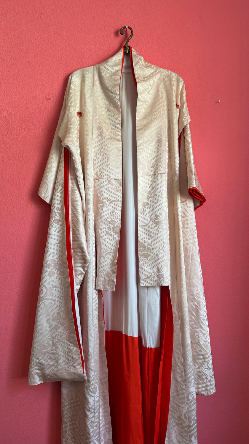 Vintage Mid-Century Ivory Jacquard Ceremonial Kimono With Red Lining