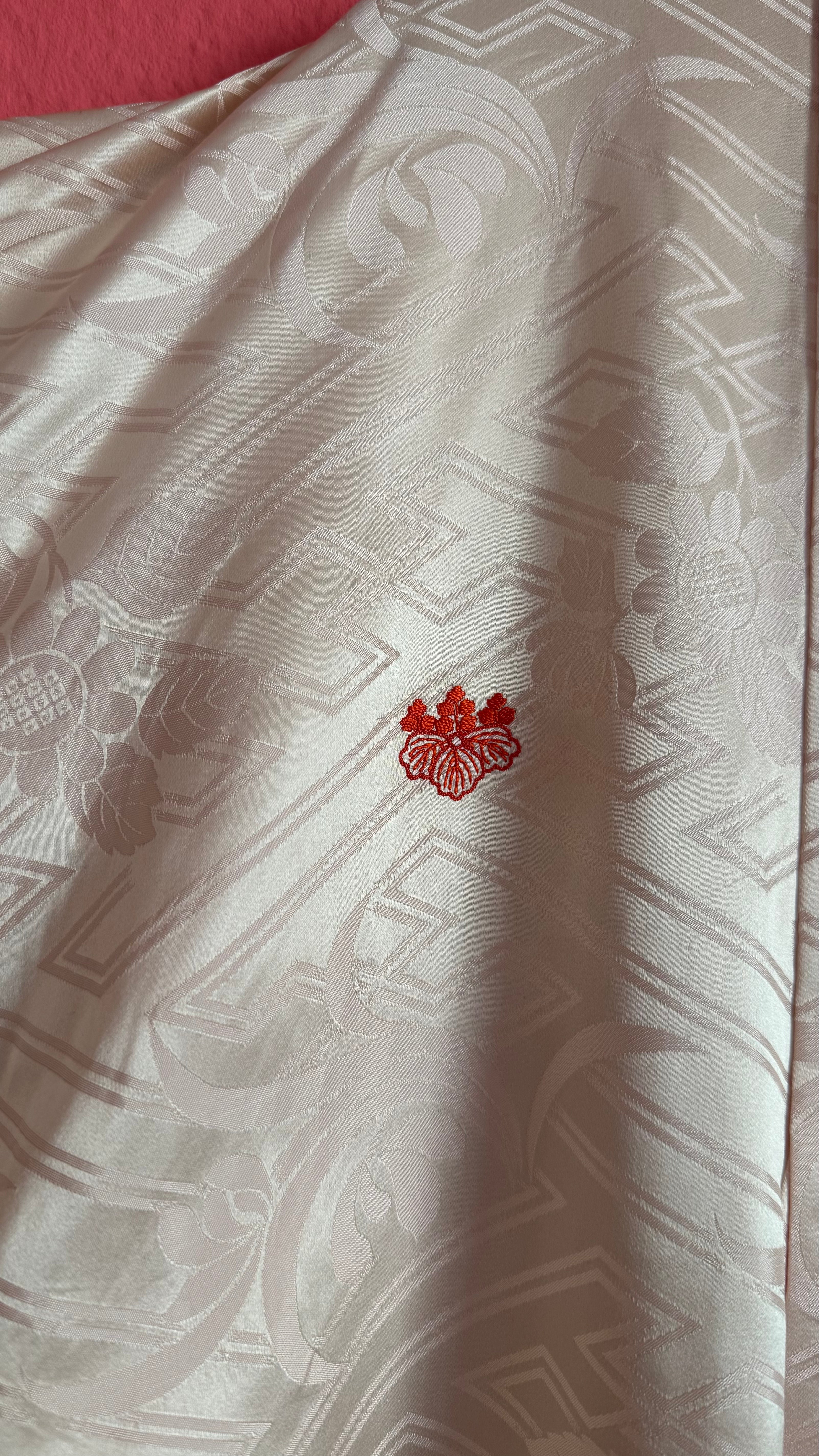 Vintage Mid-Century Ivory Jacquard Ceremonial Kimono With Red Lining