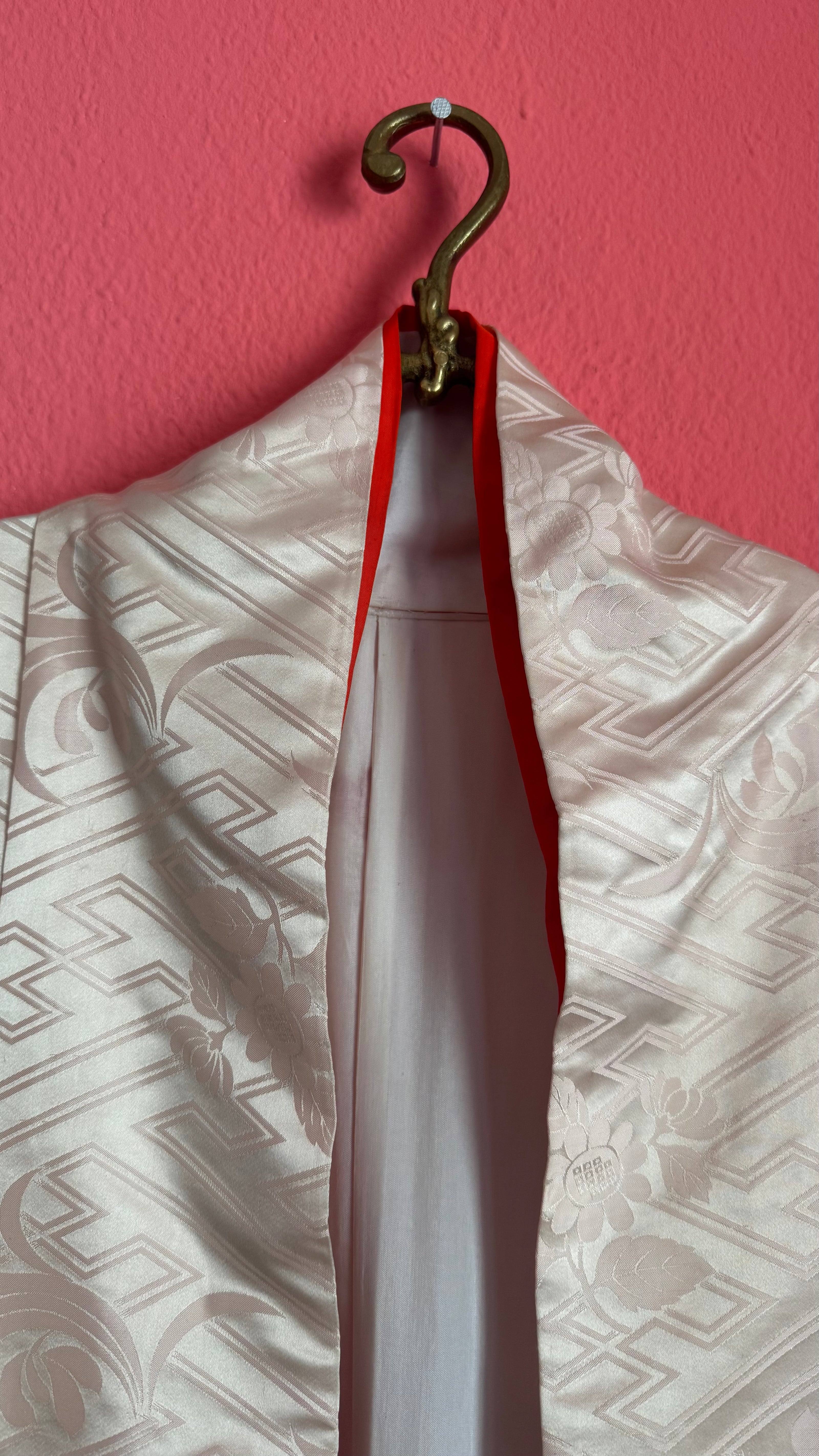 Vintage Mid-Century Ivory Jacquard Ceremonial Kimono With Red Lining
