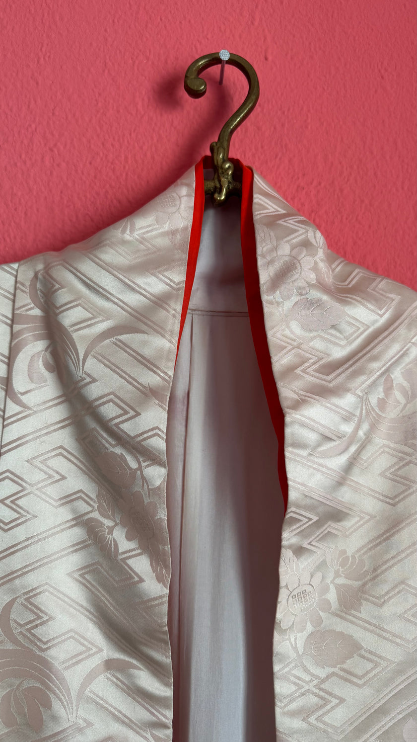 Vintage Mid-Century Ivory Jacquard Ceremonial Kimono With Red Lining