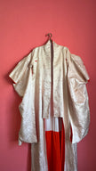 Vintage Mid-Century Ivory Jacquard Ceremonial Kimono With Red Lining
